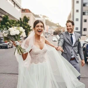 Shot Of A Beautiful Couple Out In The City On Their Wedding Day
